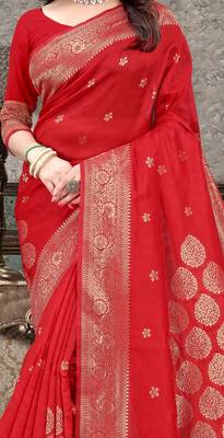 red Banarasi Silk saree with blouse piece 2