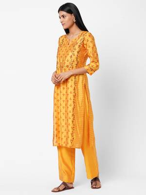 Yellow printed art silk ethnic-kurtis 3