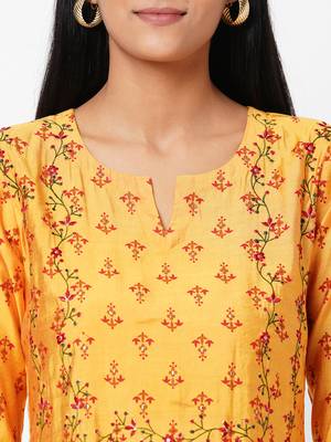 Yellow printed art silk ethnic-kurtis 4