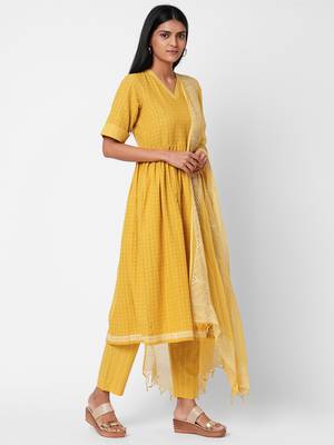 Yellow woven cotton ethnic-kurtis 3