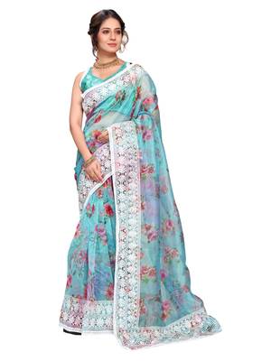 Blue Organza Saree With Blouse Piece 1