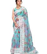 Blue Organza Saree With Blouse Piece