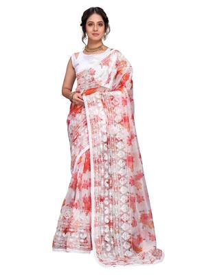 red Organza saree with blouse piece 1