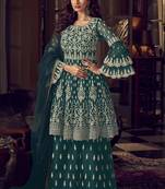 Dark-teal embroidered net salwar