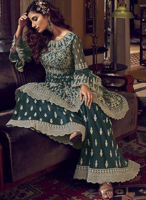 Dark-teal embroidered net salwar 2