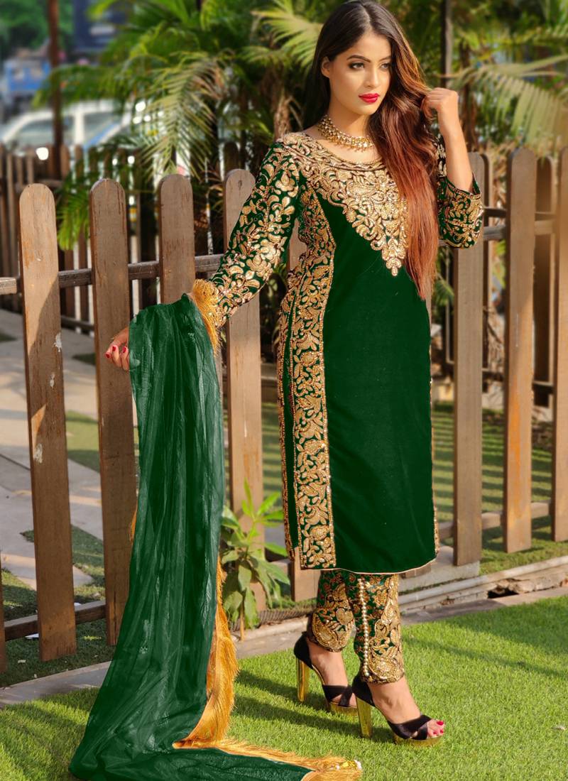 Dark-green embroidered velvet salwar