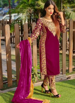 Rani-pink embroidered velvet salwar 1
