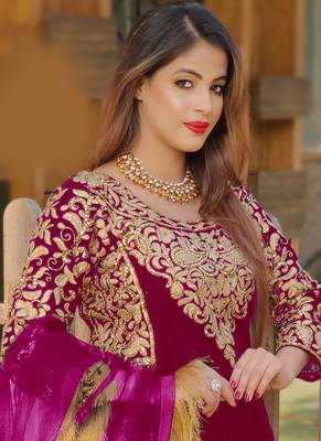Rani-pink embroidered velvet salwar 2