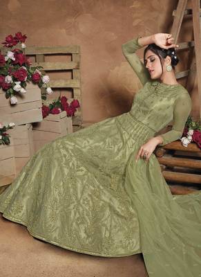 Olive embroidered net salwar 2