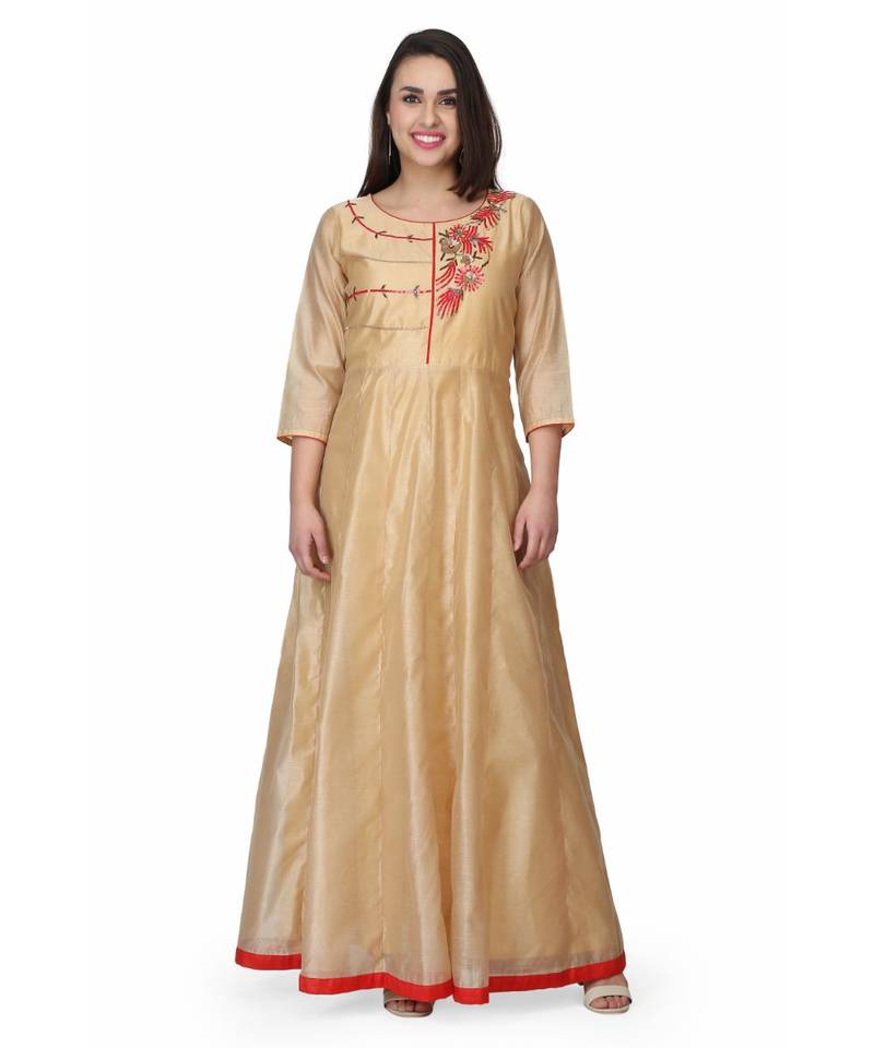 silk Beige stitched  Kurti