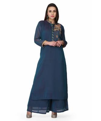 Crape Blue stitched  Kurti 1