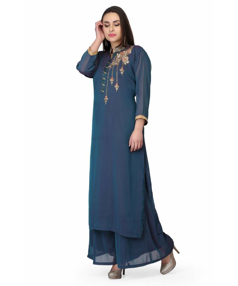 Crape Blue stitched  Kurti