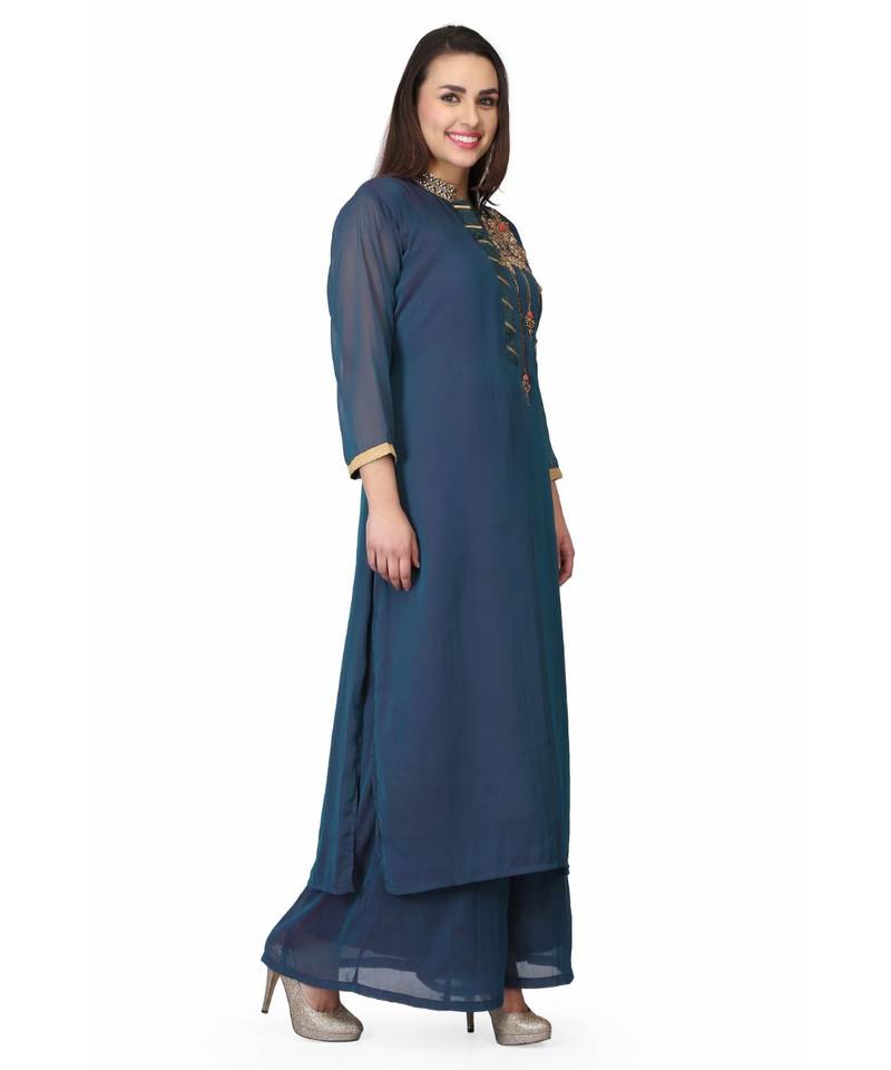 Crape Blue stitched  Kurti