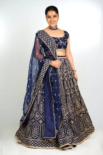 Mesmerizing Blue Zari And Sequins Embroidered Malai Satin Silk Indian Lehenga Dress Designs