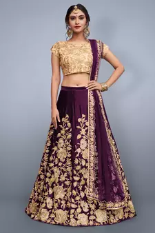 Purple Dori, Zari and Sequins Embroidered semi velvet semi stitched bridal lehenga for wedding