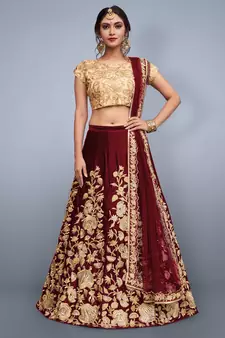 Maroon Dori Zari and Sequins Embroidered semi velvet semi stitched wedding lehenga for bridal