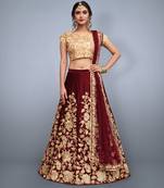 Maroon Dori Zari and Sequins Embroidered semi velvet semi stitched wedding lehenga for bridal
