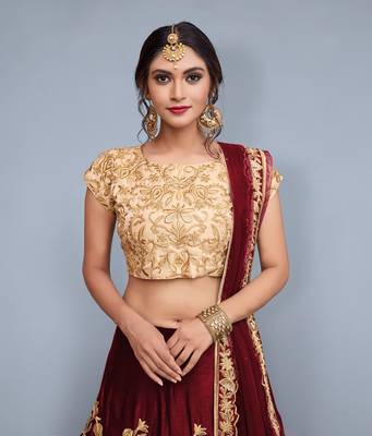Maroon Dori Zari and Sequins Embroidered semi velvet semi stitched wedding lehenga for bridal 2
