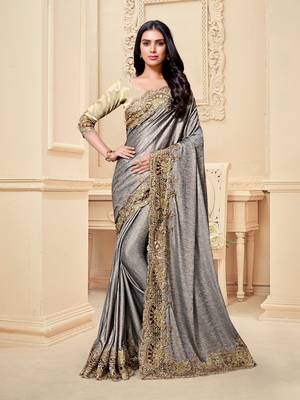 Grey embroidered fancy fabric saree with blouse 1