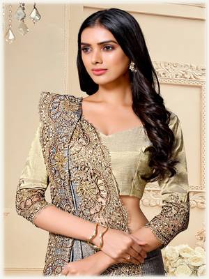 Grey embroidered fancy fabric saree with blouse 2