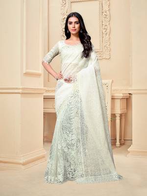 White embroidered fancy fabric saree with blouse 1