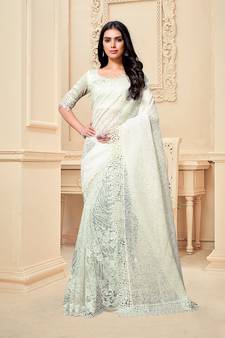 White embroidered fancy fabric saree with blouse