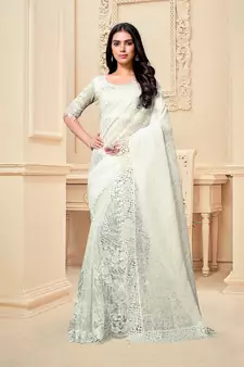 White embroidered fancy fabric saree with blouse