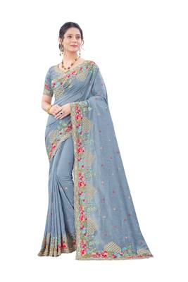 Grey plain silk saree with blouse 1