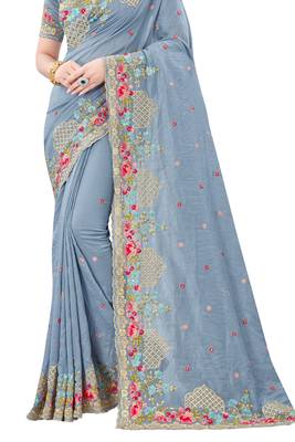 Grey plain silk saree with blouse 3