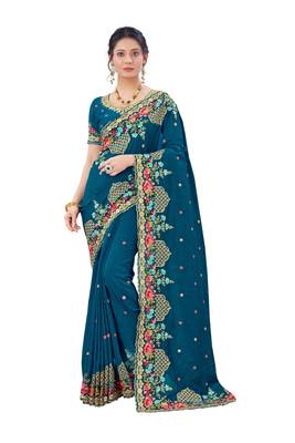 Teal plain silk saree with blouse 1