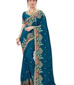 Teal plain silk saree with blouse