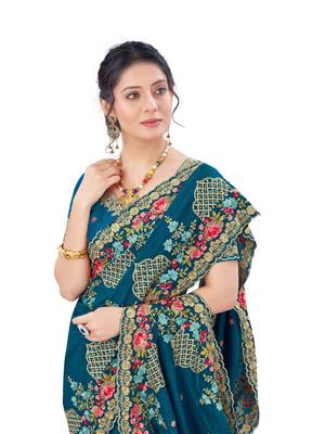 Teal plain silk saree with blouse 2