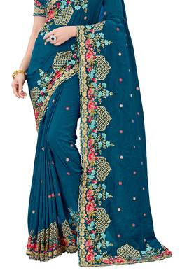 Teal plain silk saree with blouse 3