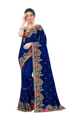 Navy blue plain silk saree with blouse 1