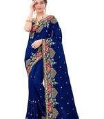 Navy blue plain silk saree with blouse