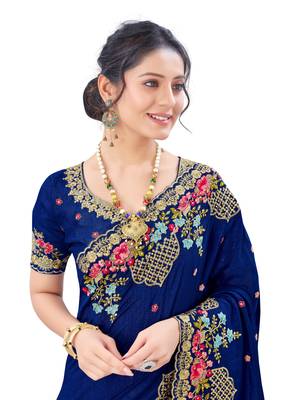 Navy blue plain silk saree with blouse 2