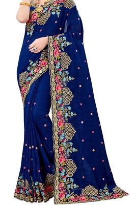 Navy blue plain silk saree with blouse 3