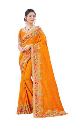 Mustard plain silk saree with blouse 1