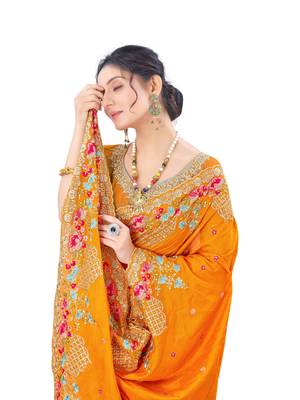 Mustard plain silk saree with blouse 2
