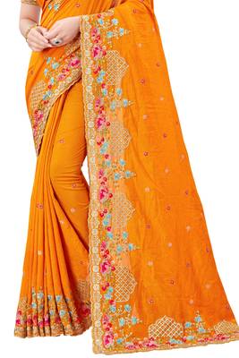 Mustard plain silk saree with blouse 3