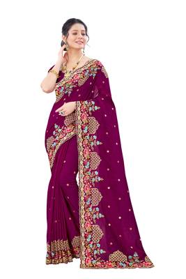 Wine plain silk saree with blouse 1