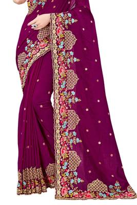 Wine plain silk saree with blouse 3