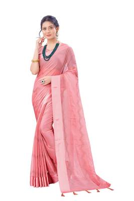 Pink plain chiffon saree with blouse 1