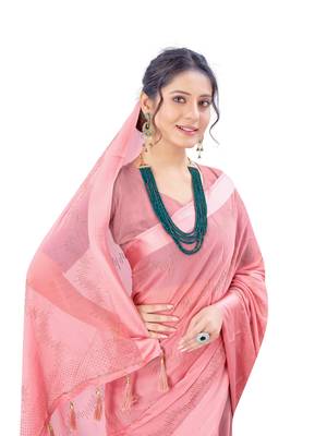 Pink plain chiffon saree with blouse 2