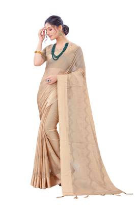 Beige plain chiffon saree with blouse 1
