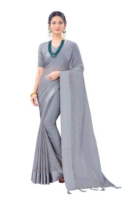 Grey plain chiffon saree with blouse 1