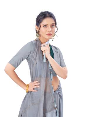 Grey plain chiffon saree with blouse 2