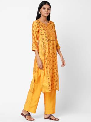 Yellow printed art silk ethnic-kurtis 5