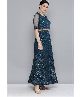 Kvsfab Teal Embellished Sequinned Semi-Stitched Lehenga & Unstitched Blouse With Dupatta 4