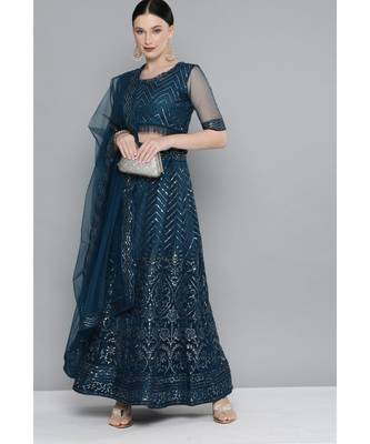 Kvsfab Teal Embellished Sequinned Semi-Stitched Lehenga & Unstitched Blouse With Dupatta 6